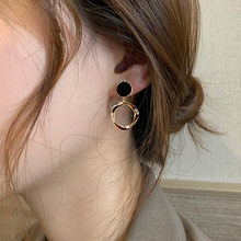 韩国圆圈耳环女气质高级感纯银防过敏黑色耳钉2021年新款潮设计感