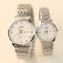 新款潮流超薄镶钻双日历钢带情侣手表一对时尚男女士学生石英腕表